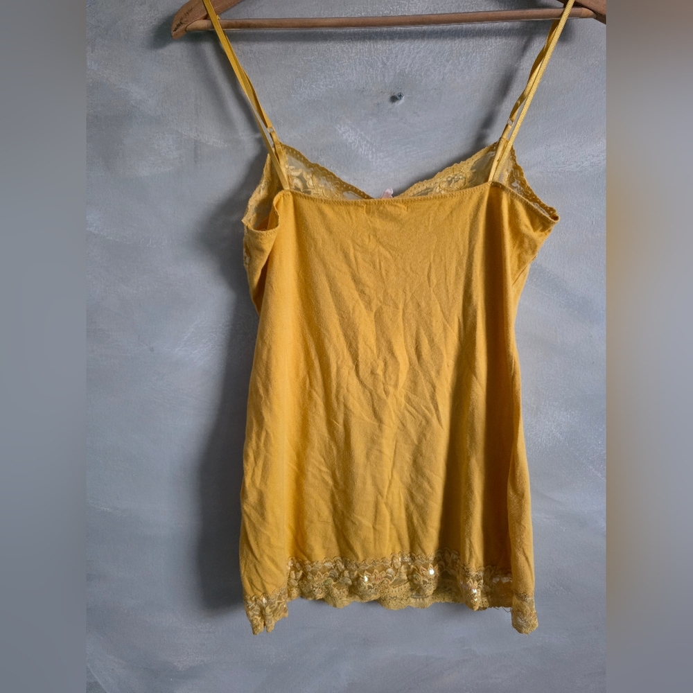 Y2K Women’s Tank Top Lace Trim Yellow Lace Cami Coquette Mermaid Iridecent Sz L - Picture 10 of 10